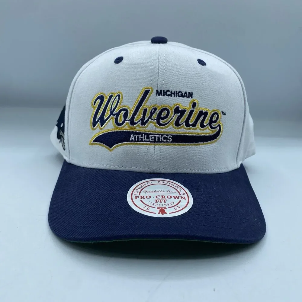 Michigan Wolverines Mitchell & Ness Hat Pro Crown Snapback White Blue NCAA NWOT